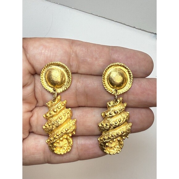 Vintage Gold Tone Metal 2 Piece Bundle Stud & Dangle Earrings - Picture 4 of 5